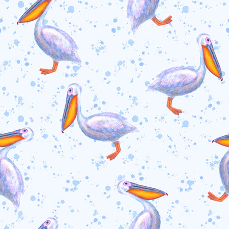 Watercolor white pelicans seamless pattern with blue splashes. Hand drawn watercolor pelican bird background. ocean birds illustration. Template print for wrapping paper, wallpaper, cards, textile.の写真素材