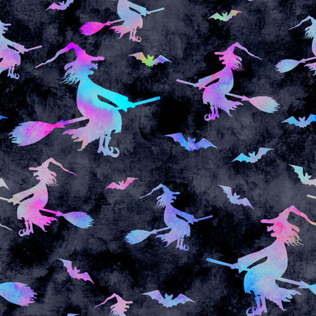 Silhouettes of smiling wicked witches flying on broomsticks. Grunge watercolor seamless pattern with spooky night background. Halloween, horror concept. Print for textile, wallpaper, wrapping paper.の写真素材