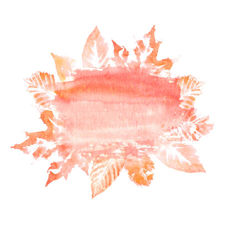 Abstract watercolor hand painted red orange stain with autumn leaf traces isolated on white background. watercolor leaves. Botanical grunge illustration. Fall october thanksgiving concept.の写真素材