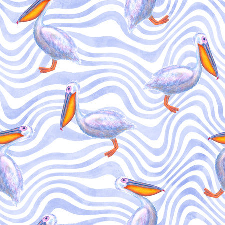 Watercolor white pelican seamless pattern. Hand drawn blue navy watercolor bird and waves background. ocean bird illustration. Template print for poster, wrapping paper, wallpaper, cards, textileの写真素材