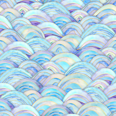 Sea waves magic seamless pattern. Watercolor hand drawn blue teal turquoise purple colors background. Watercolor wave ocean style texture. Paper cut style, 3d effect. Print for textile, wallpaper.の写真素材