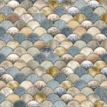 Mermaid fish scale wave japanese luxury golden glittering seamless pattern. Watercolor hand drawn gold color abstract background. Scales shaped texture. Print for textile, wallpaper, wrapping paperの写真素材