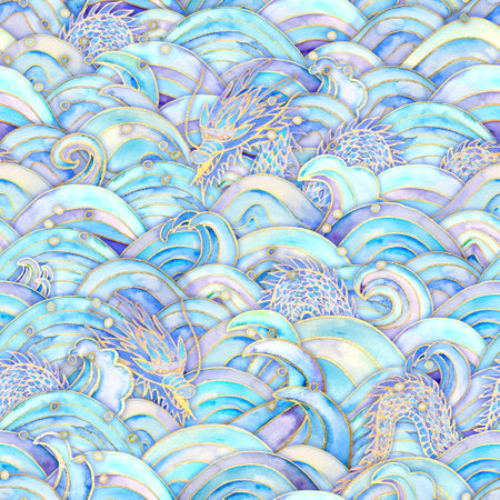 Sea waves and dragons magic seamless pattern. Watercolor hand drawn blue teal turquoise purple colors background. Watercolor wave texture. Paper cut style, 3d effect. Print for textile, wallpaper.の写真素材