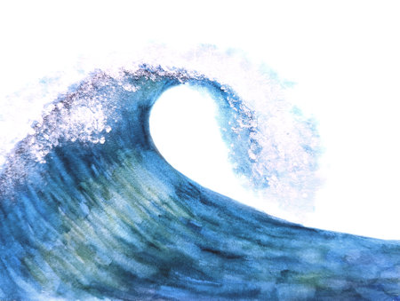 Watercolor sea ocean wave isolated on white background. Watercolor hand drawn nautical marine illustration. Backdrop for greeting card, banner. Space for text. Summer, surfing, travel concept.の写真素材