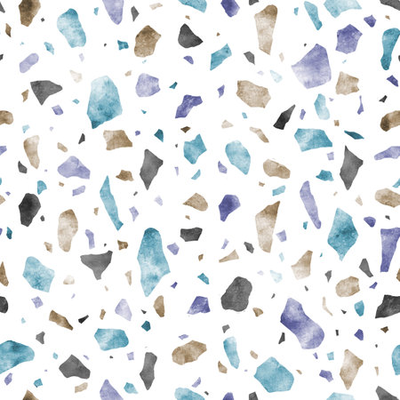 Abstract italian terrazzo seamless pattern. Scattered multicolor stones hand drawn watercolor decorative texture. Broken stained glass, colorful shapes print for textile, fabric, wallpaper, wrapping.の写真素材