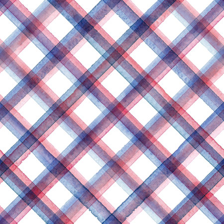Watercolor gingham stripe plaid seamless pattern. Color red and blue stripes background. Watercolor hand drawn striped texture. Print for cloth design, textile, fabric, wallpaper, wrapping, tile.の写真素材