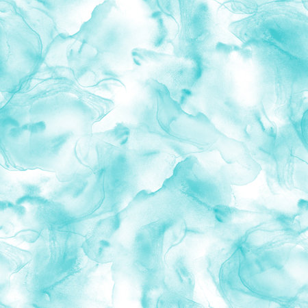 Abstract watercolor liquid stain luxury background. Hand drawn pastel blue teal fluid stains, splashes elements seamless pattern. Watercolor texture. Print for textile, fabric, wallpaper, wrapping paper.の写真素材