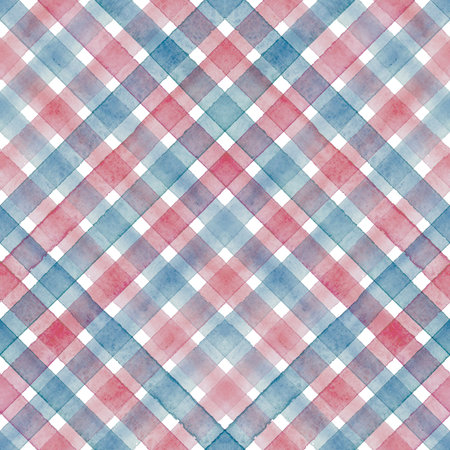 Watercolor gingham stripe plaid seamless pattern. Color red and blue stripes background. Watercolor hand drawn striped texture. Print for cloth design, textile, fabric, wallpaper, wrapping, tile.の写真素材