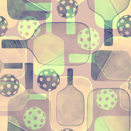 Seamless pattern of balls and rackets, modern game Pickleball. Watercolor hand drawn grunge geometric shapes texture. Watercolor print for textile, wallpaper, wrapping. Healthy lifestyle, sport.の写真素材
