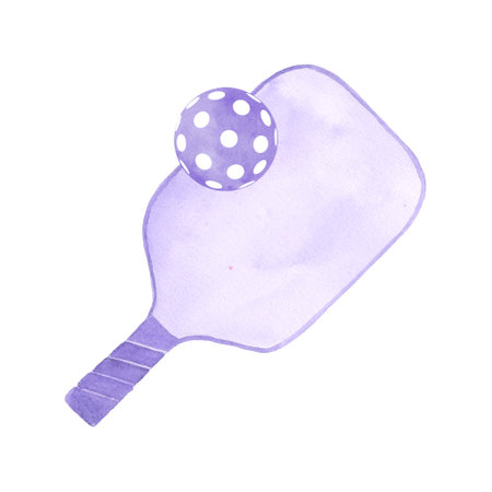 Ball and racket, equipment of modern game Pickleball. Watercolor purple hand drawn grunge geometric shapes isolated on white background. Watercolor print. Healthy lifestyle, sport concept.の写真素材