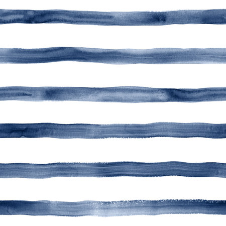 Watercolor navy blue stripes on white background. Blue and white striped seamless pattern. Watercolor hand drawn stripe texture. Print for cloth design, textile, fabric, wallpaper, wrapping, tile.の写真素材