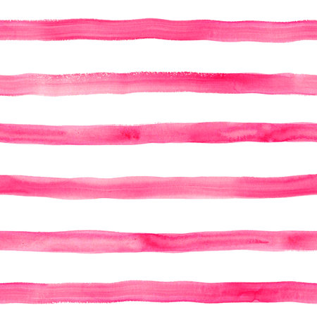 Watercolor pink stripes on white background. Striped seamless pattern. Watercolor hand drawn stripe texture. Print for cloth design, textile, fabric, wallpaper, wrapping, tile.の写真素材