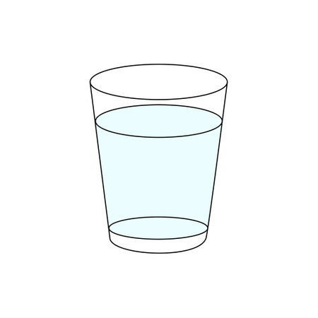 Glass transparent cup of blue water isolated on white background. Hand drawn vector illustration. Space for textのイラスト素材