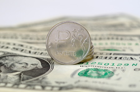 Coins of the Russian ruble and United States dollarsの写真素材