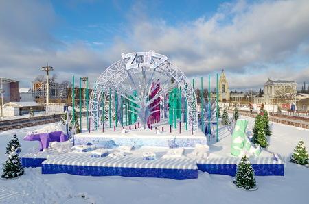 Moscow, Russia - January 18, 2017: New year's decoration "Fabulous forest in 2017" in the center of the ice rink at VDNKHのeditorial素材