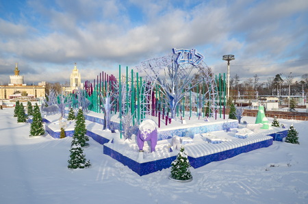 Moscow, Russia - January 18, 2017: New year's decoration "Fabulous forest in 2017" in the center of the ice rink at VDNKHのeditorial素材