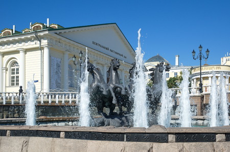 Moscow, Russia - July 11, 2017: The Sculptural composition "The Seasons" fountain "Geyser" at the Manege square. Central exhibition hall "Manege"のeditorial素材