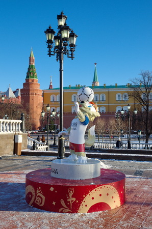 Moscow, Russia - January 9, 2018: The official mascot of the FIFA World Cup 2018 wolf Zabivaka at the Manege Square in Moscowのeditorial素材