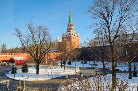 Alexander Garden and Troitskaya tower of Moscow Kremlin in winter dayの写真素材
