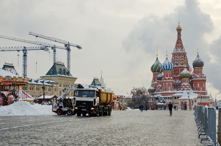 Moscow, Russia - February 8, 2018: Snow removal after heavy snowfall in the center of Moscow on Red...