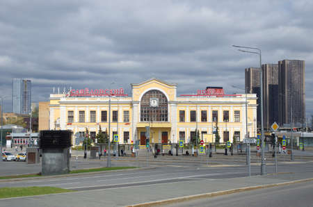 Moscow, Russia - April 28, 2021: View of the Savelovsky Railway Station square. Savelovsky Railway Station buildingのeditorial素材