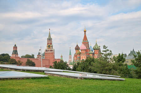 Moscow, Russia - September 12, 2021: View of St. Basil's Cathedral and the Moscow Kremlin from the...