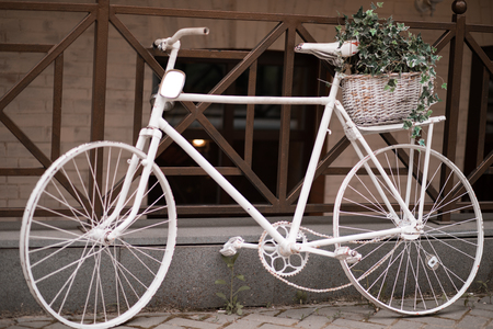 beautiful white bicycle with flowers stands near the cafeの写真素材