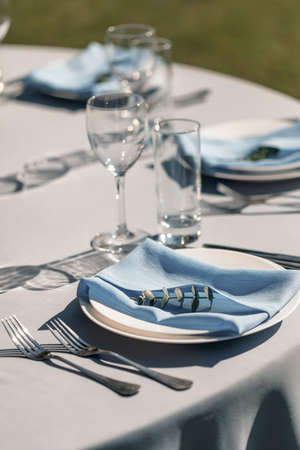 stylish luxury decorated tables for the celebration for a wedding. cathering in the restaurant outdoor.の写真素材