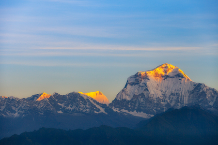 Snowy mountain during sunrise view from Poon Hill, Nepalの写真素材