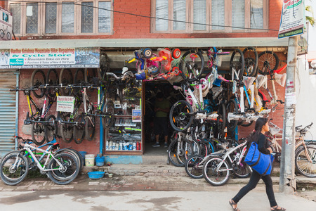 KATHMANDU, NEPAL - SEPT 18, 2015 : Local bicycle shop in Nepal on September 18, 2015.のeditorial素材