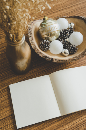 Christmas concept with empty blank book with Christmas decorations.の写真素材