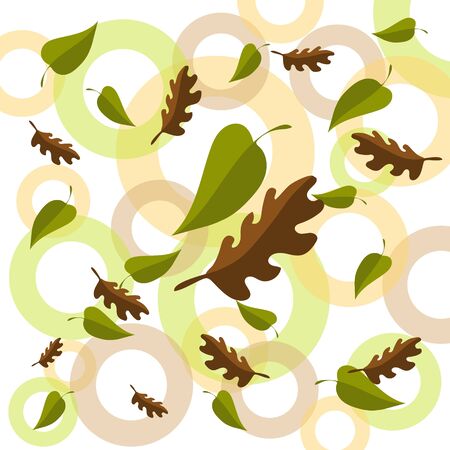 vector falling green and cinnamon leaves on a white background for the design of postcards, books, a symbol of summer and autumn, natural materials, ecologyのイラスト素材