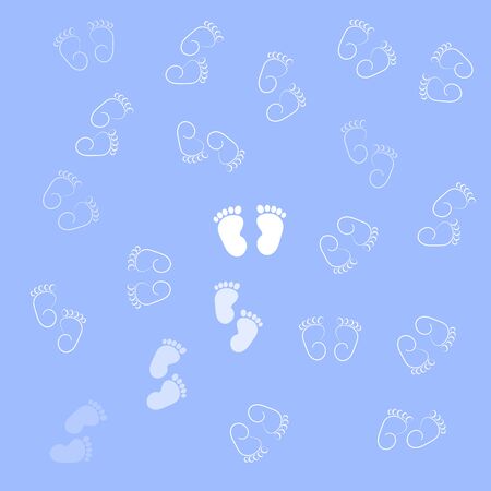 baby background in vector: white footprints on a blue background for product design for kids in flat style.のイラスト素材