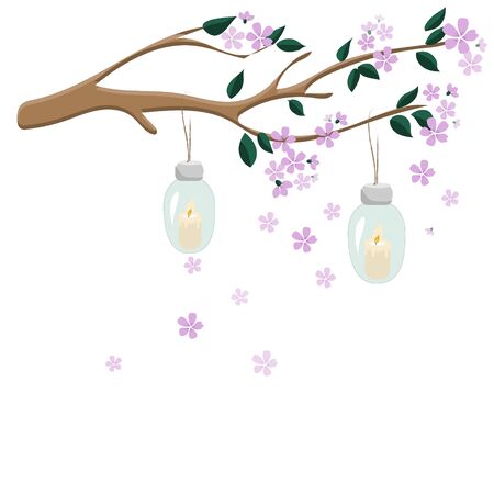 Greeting card for the holiday of spring, March 8, Chinese New Year, sakura with lanterns. Vector illustrationのイラスト素材
