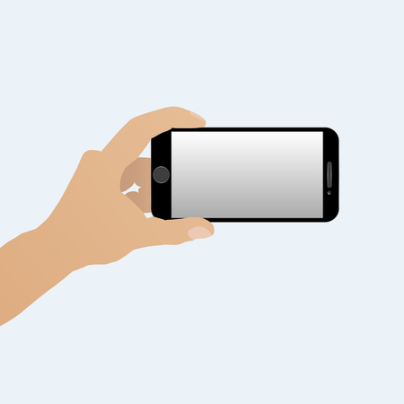 Hand holding a smartphone horizontally isolated on a light backgroundのイラスト素材