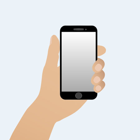 Hand holding smart phone vertically isolated on a light backgroundのイラスト素材