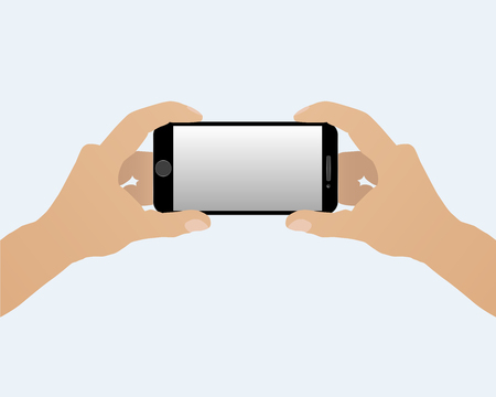 Two hands holding smart phone horizontally isolated on a light backgroundのイラスト素材