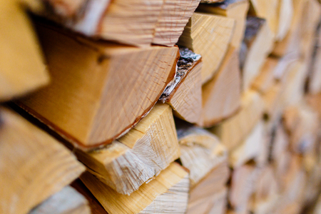 Wooden logs cut into parts close-up. Wooden material textureの写真素材