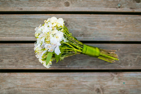 Wedding bouquet of chrysanthemum and alstroemeria flat layの写真素材