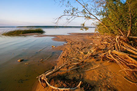 Lake shore lit with bright sunlight landscapeの写真素材