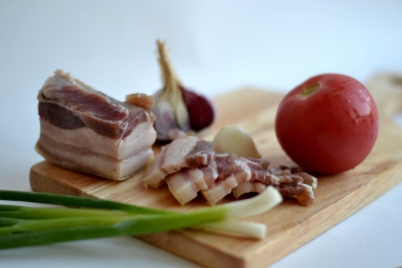 Composition of bacon with vegetablesの写真素材