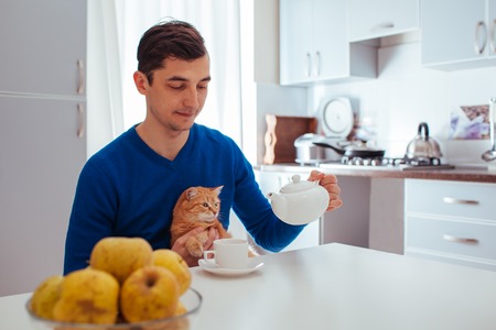 Portrait of handsome young man pours tea with cat on the kitchen.の写真素材