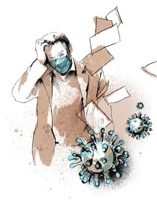sketch of a man in a mask and the image of the corona virus in beige and blue tonesの写真素材