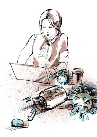 sketch of a woman in a mask and the image of the corona virus in beige and blue tonesの写真素材