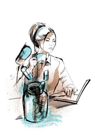 Sketch of a woman with a laptop computer and a cup and the image of the medicine tabletsの写真素材