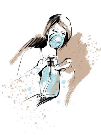 masked woman and sanitary gelの写真素材