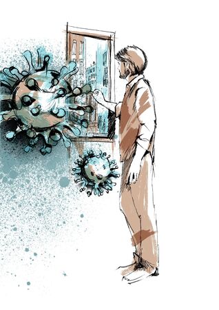 Sketch of a man and window and coronavirusの写真素材