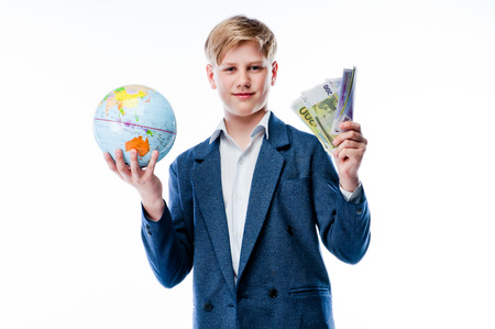 boy with globeの写真素材