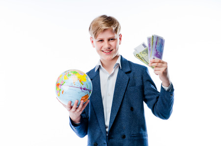 boy with globeの写真素材