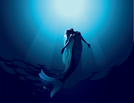 Vector illustration of a beautiful mermaid in water depthのイラスト素材